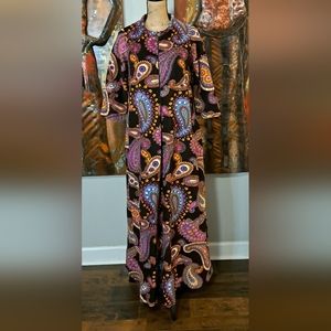Vtg 70s Dela Ann Paisley Print Zipper Front Loungewear Housecoat